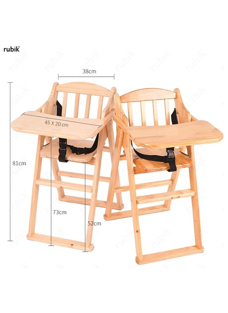 Wooden High Chair with Tray, Foldable Kids Dinning Highchair with Safety Belt and Cushion for Baby Toddler Feeding (brown)