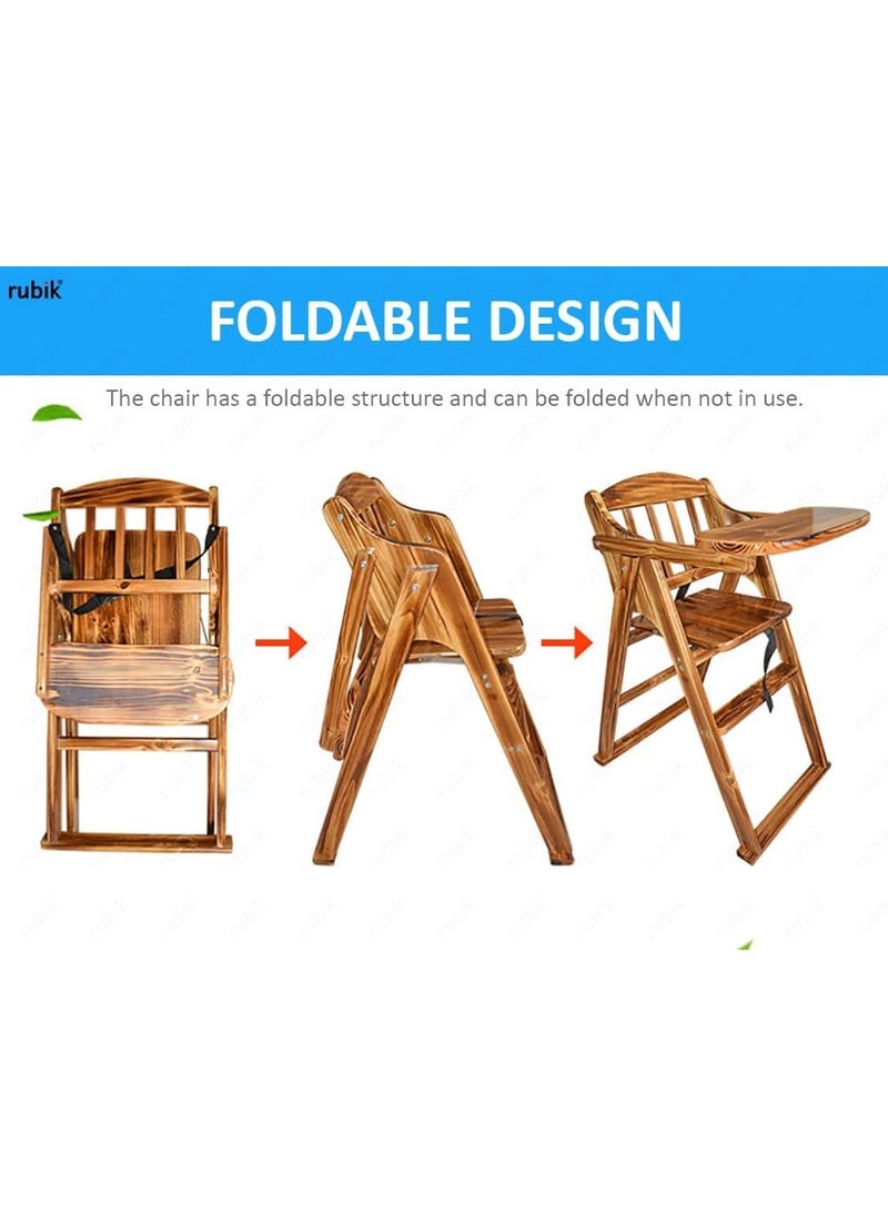 Wooden High Chair with Tray, Foldable Kids Dinning Highchair with Safety Belt and Cushion for Baby Toddler Feeding (brown)