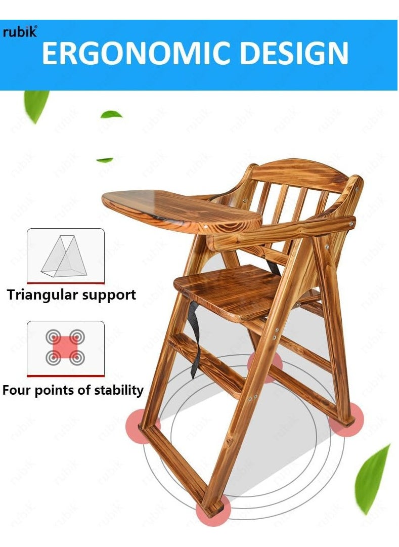 Wooden High Chair with Tray, Foldable Kids Dinning Highchair with Safety Belt and Cushion for Baby Toddler Feeding (brown)