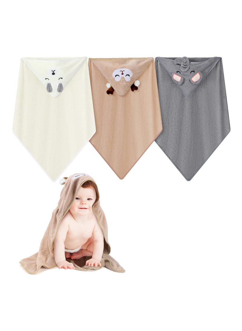 3PCS HoodedA Towel Set for Newborn Boys and Girls, Soft Terry Baby Hooded Bath Wrap Baby Bathing Towel and Washcloths Kit Baby Hooded Bath Wrap Set for Baby Supplies (Elephant, Bear, Deer)