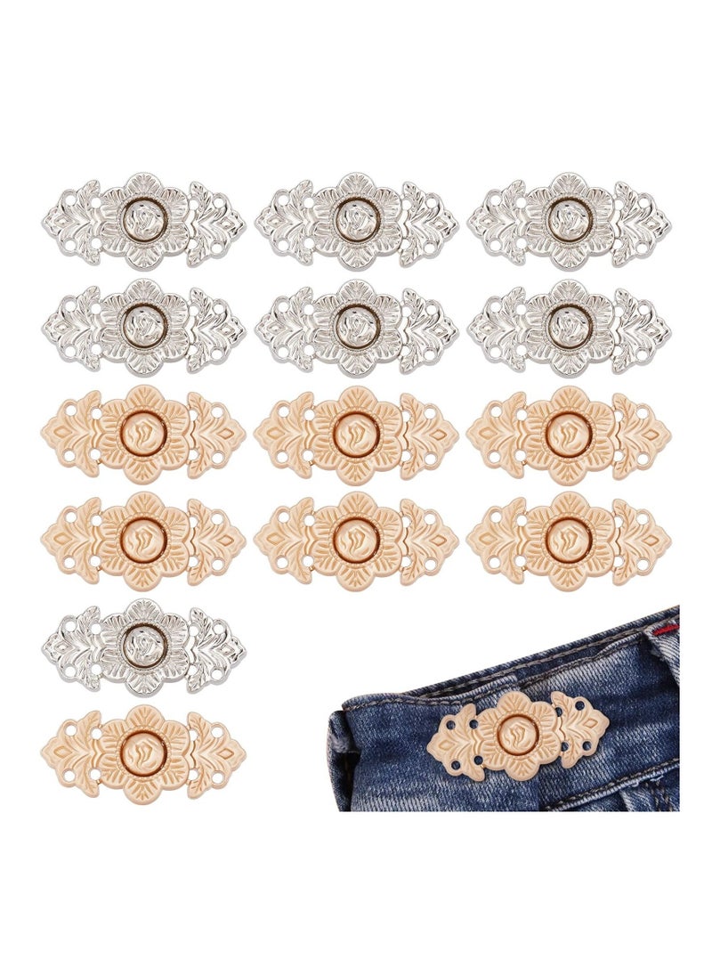 16 Pcs Adjustable Waist Buckles, Fashion Vintage Flower Jean Sewing Button for Women, Nail-Free Jeans Waist Buckles DIY Pants Clips for Dresses Pants Jeans