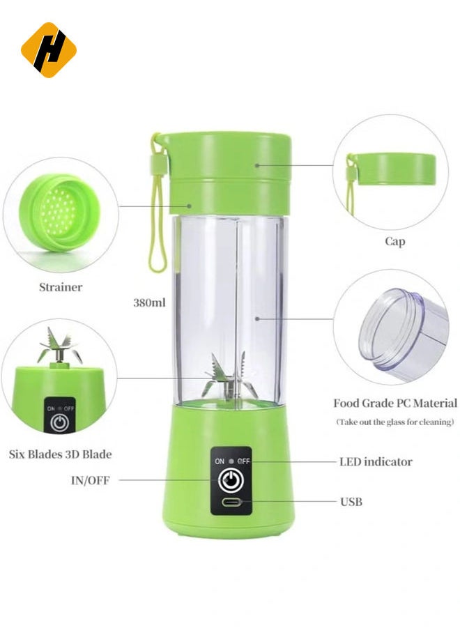 Portable Blender Cup,Electric USB Juicer Blender,Mini Blender Portable Blender For Shakes and Smoothies, Juice,380ml, Six Blades Great for Mixing,Green