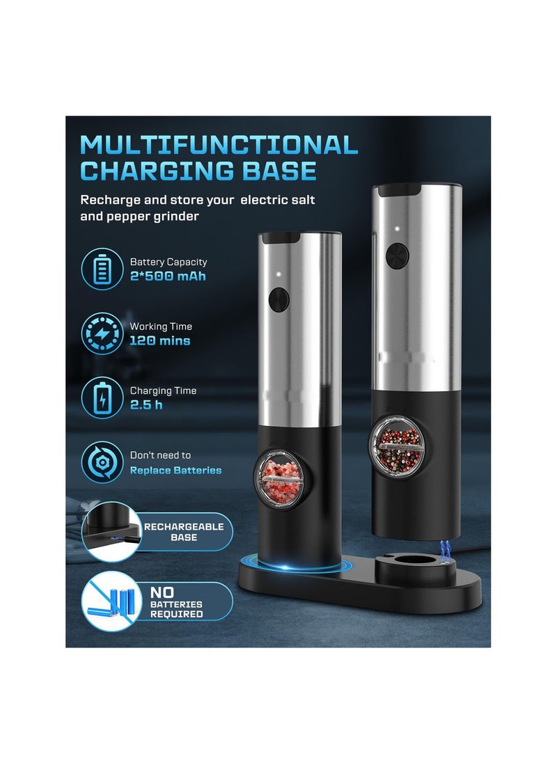 USB Rechargeable Electric Salt and Pepper Grinder Set, One-Handed Operation, Adjustable Coarseness, Automatic Spice Mill Shakers, Refillable, White Light, No Batteries Required.