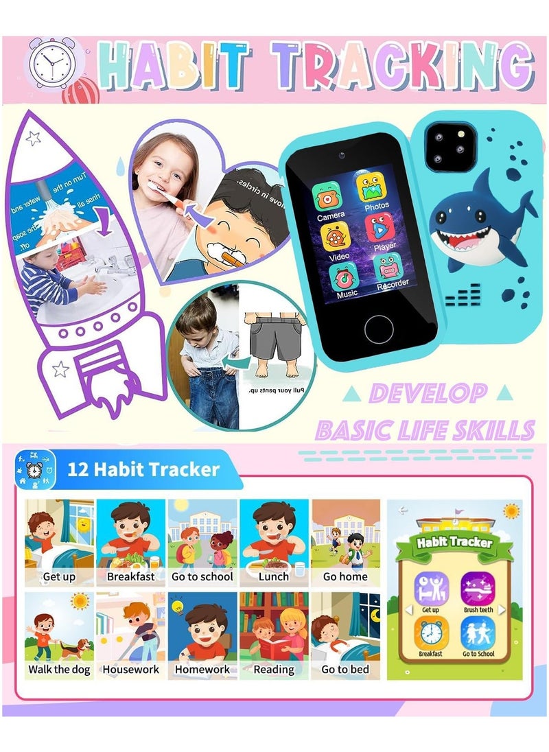 Kids Smart Phone Toys for Boys Ages 3~7 with Dual Camera Touchscreen Toddler Phone Toys with Learning Games MP3 Music Player for Birthday Gifts for 3 4 5 6 7 Years Old, 32GB SD Card (Blue)