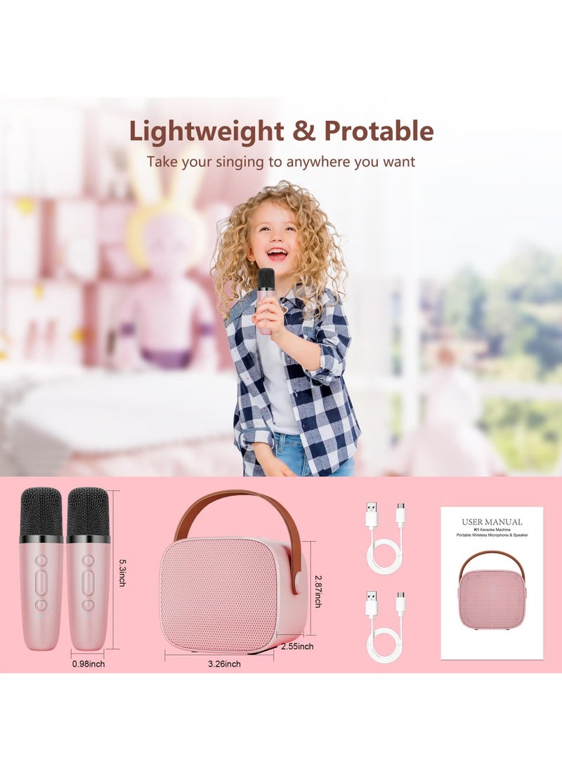 Mini Kids Karaoke Machine with 2 Wireless Microphones – Portable Bluetooth Speaker with LED Lights, Ideal for Family Parties and Birthdays (Pink)