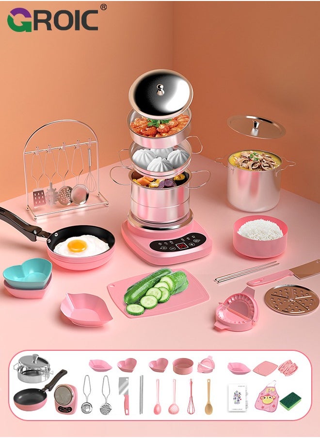 24PCS Kid Cooking Set,Montessori Kitchen Tools,Utensils includes Stove Burner Aprons Cooking Tool for Real Food Making,Play Food Set for Kids Kitchen,Play Kitchen Appliances(Pink)
