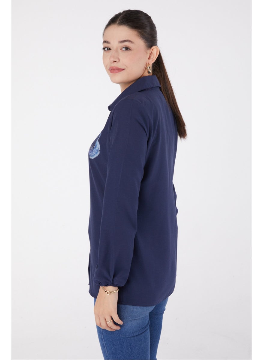 Plain Shirt Collar Women's Navy Blue Printed Shirt - 13339