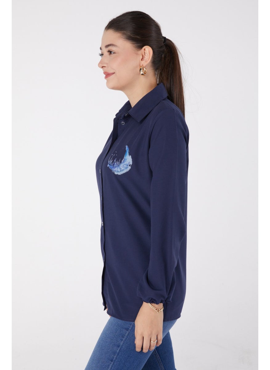 Plain Shirt Collar Women's Navy Blue Printed Shirt - 13339