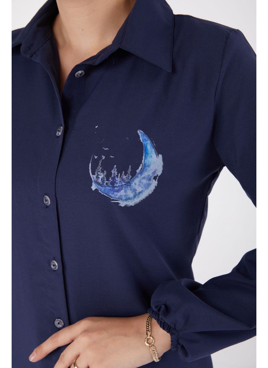 Plain Shirt Collar Women's Navy Blue Printed Shirt - 13339