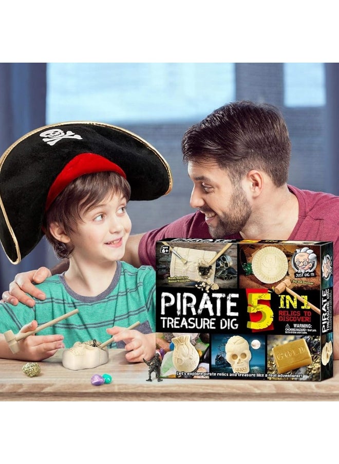 XXTOYS Pirate Treasures Dig Kit Break Into 5 Bricks Treasure Excavation Kits Pirate Toys Gems Dig Kits Interactive Excavating Toys Great Birthday Gift Party Supplies Archeology Educational STEM Kits