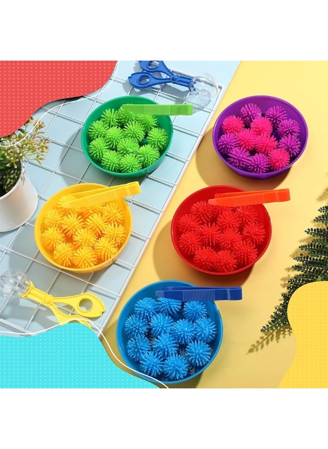 Leitee 71 PCS Fine Motor Toys Counting Sorting Sensory Bin Filler, 60 Hedge Balls 4 Tweezers 2 Scissors Clips 5 Cups for Boys Girls Early Education and Sorting Counting Training Development