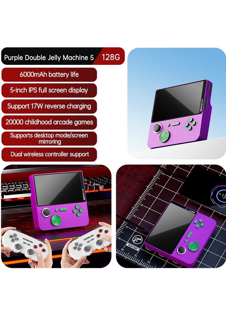 Handheld Game Console 5-inch Full iPS  GAMET5 chip display screen 6000mAh  CONSOLE AND POWER BANK IN ONE(Purple 128G with 2 Dual wireless controllers )