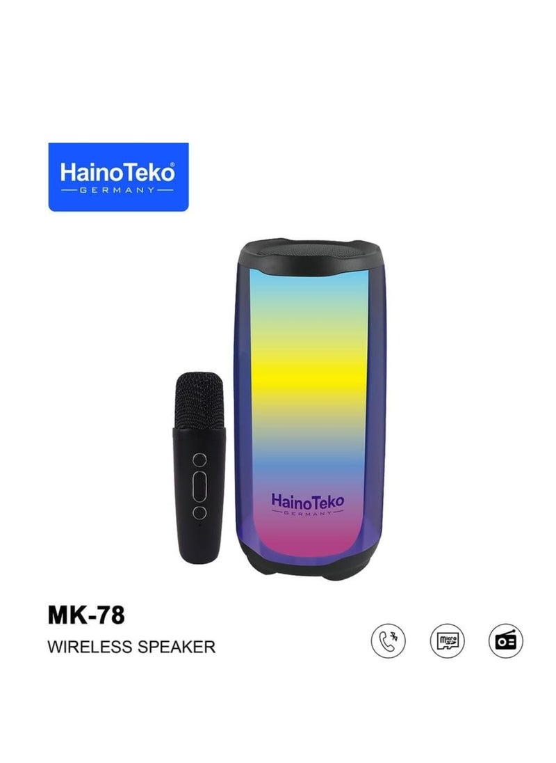 MK-78 Wireless Speaker with Wireless Mic, Splash Proof, Micro SD Card, Aux, FM Radio