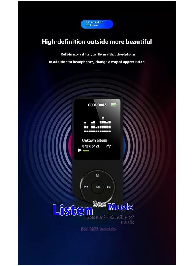 Portable MP3 Music Player H310-B Black-16GB with Speaker Earphone Portable HiFi Lossless Sound MP3 Mini Music Player Voice Recorder E-Book HD Screen