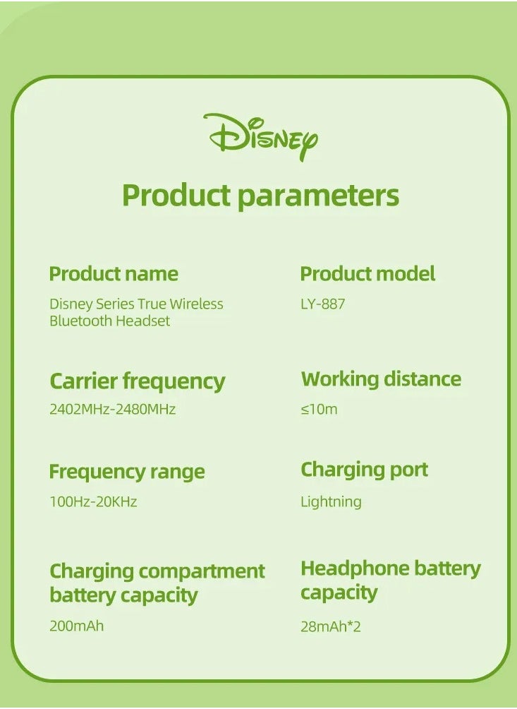 Disney LY-887 Wireless Bluetooth 5.2 Earphones – Noise Reduction, Gaming, Music, and Sport Earbuds - Green