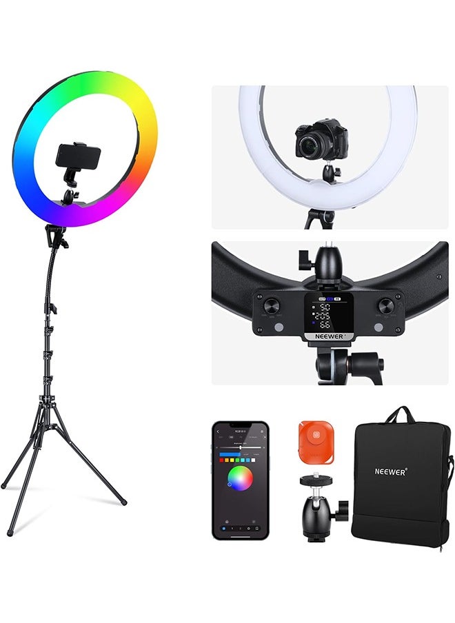 NEEWER 18 Inch RGB LED Ring Light APP Control with Stand and Phone Holder, 42W Dimmable 2500K-10000K GM±50 Bi Color CRI97+/TLCI98+ 360° Full Color 18 Scene for Selfie Makeup TikTok Vlog