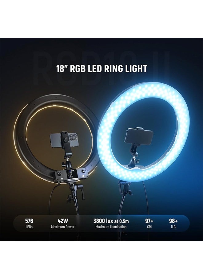 NEEWER 18 Inch RGB LED Ring Light APP Control with Stand and Phone Holder, 42W Dimmable 2500K-10000K GM±50 Bi Color CRI97+/TLCI98+ 360° Full Color 18 Scene for Selfie Makeup TikTok Vlog