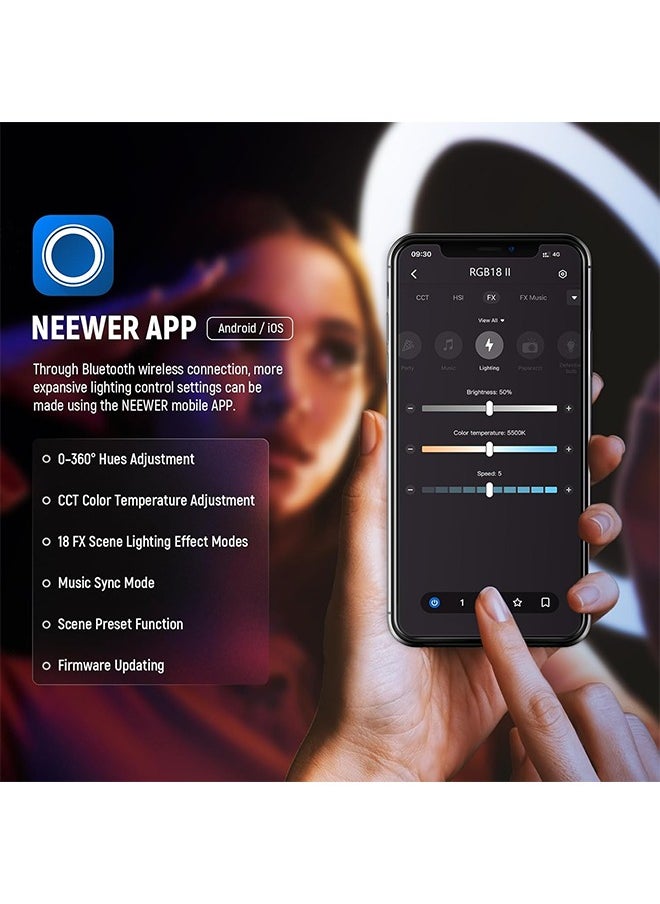 NEEWER 18 Inch RGB LED Ring Light APP Control with Stand and Phone Holder, 42W Dimmable 2500K-10000K GM±50 Bi Color CRI97+/TLCI98+ 360° Full Color 18 Scene for Selfie Makeup TikTok Vlog