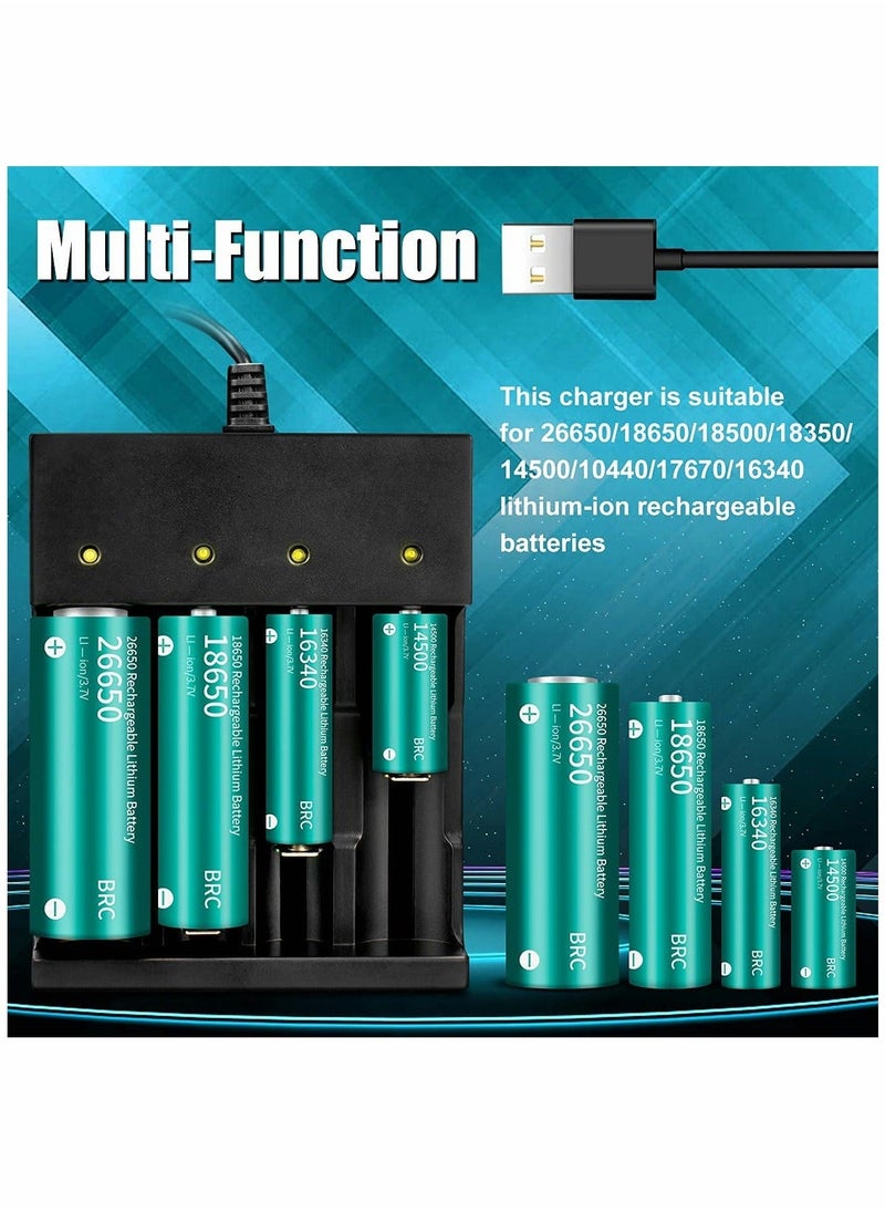 18650 Battery Charger, 3.7V 4 Bay Li-ion Charger for Rechargeable Lithium Batteries 26650 21700 18650 10400 14500 16340 16650 18500 (Only USB Charger)