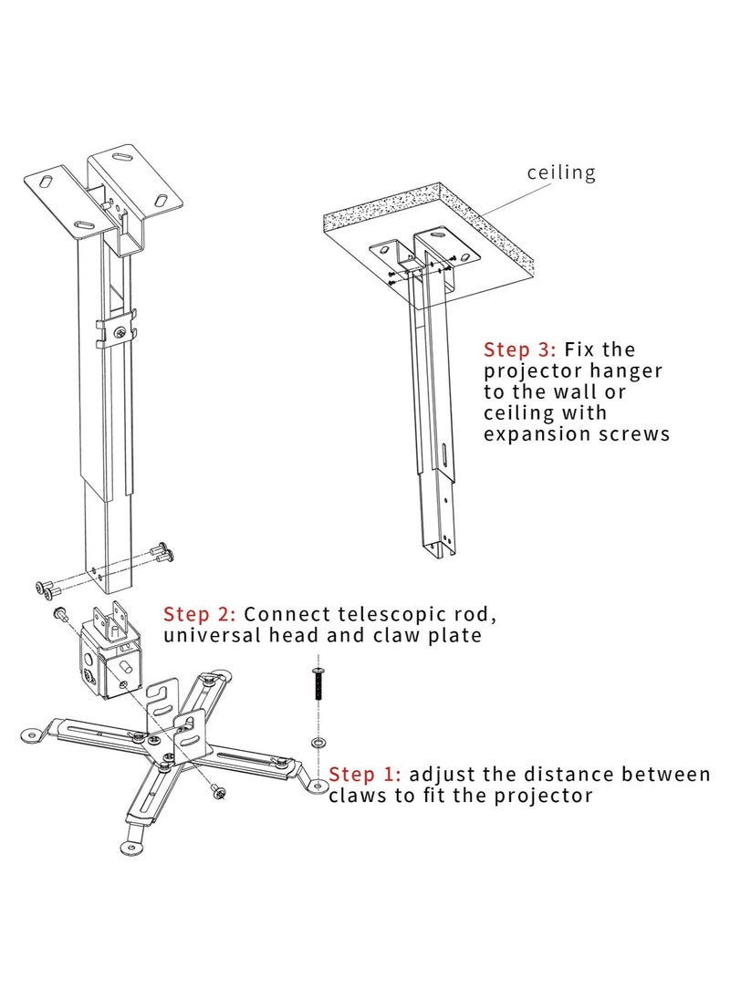 Projector Mount Wall or Ceiling Projection Mount Bracket with Adjustable Height and Extendable Arms Mount for Home and Office
