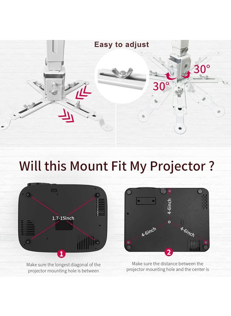 Projector Mount Wall or Ceiling Projection Mount Bracket with Adjustable Height and Extendable Arms Mount for Home and Office