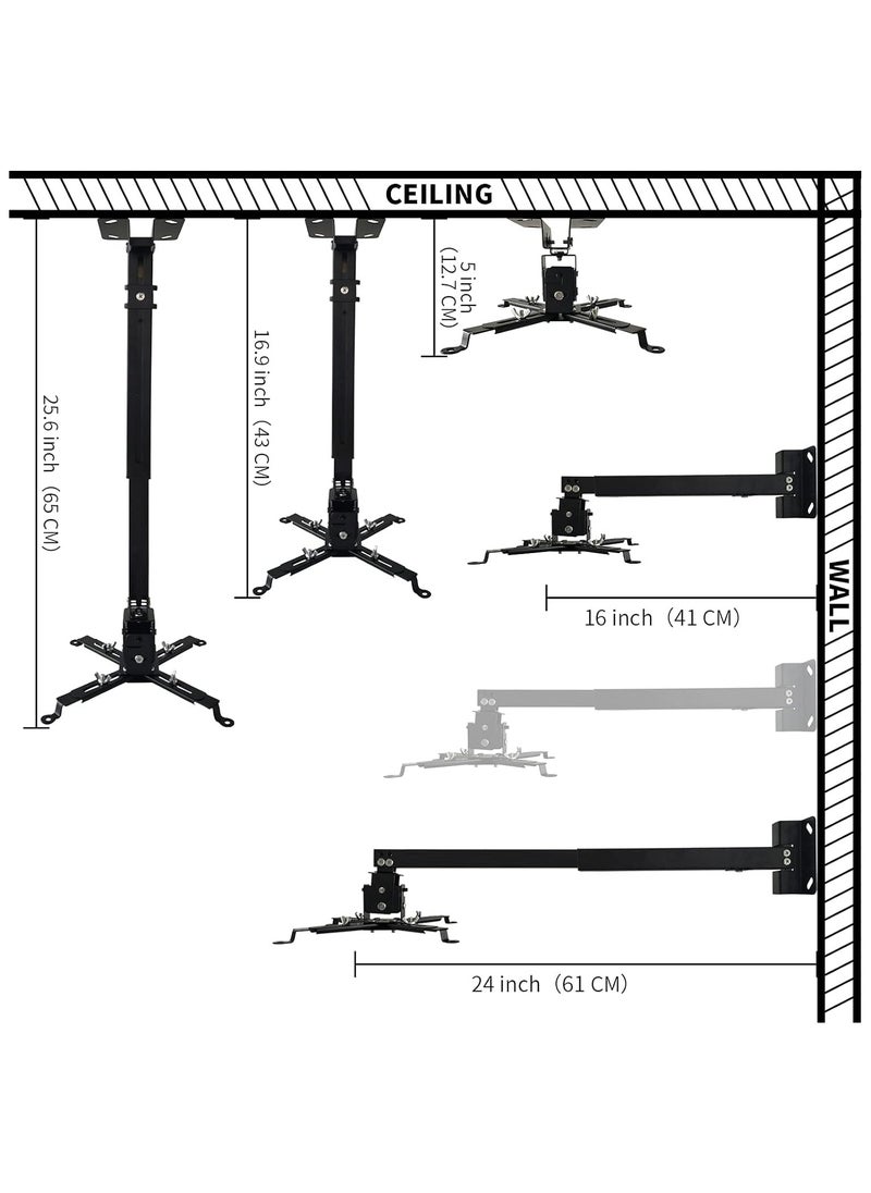 Projector Mount Wall or Ceiling Projection Mount Bracket with Adjustable Height and Extendable Arms Mount for Home and Office