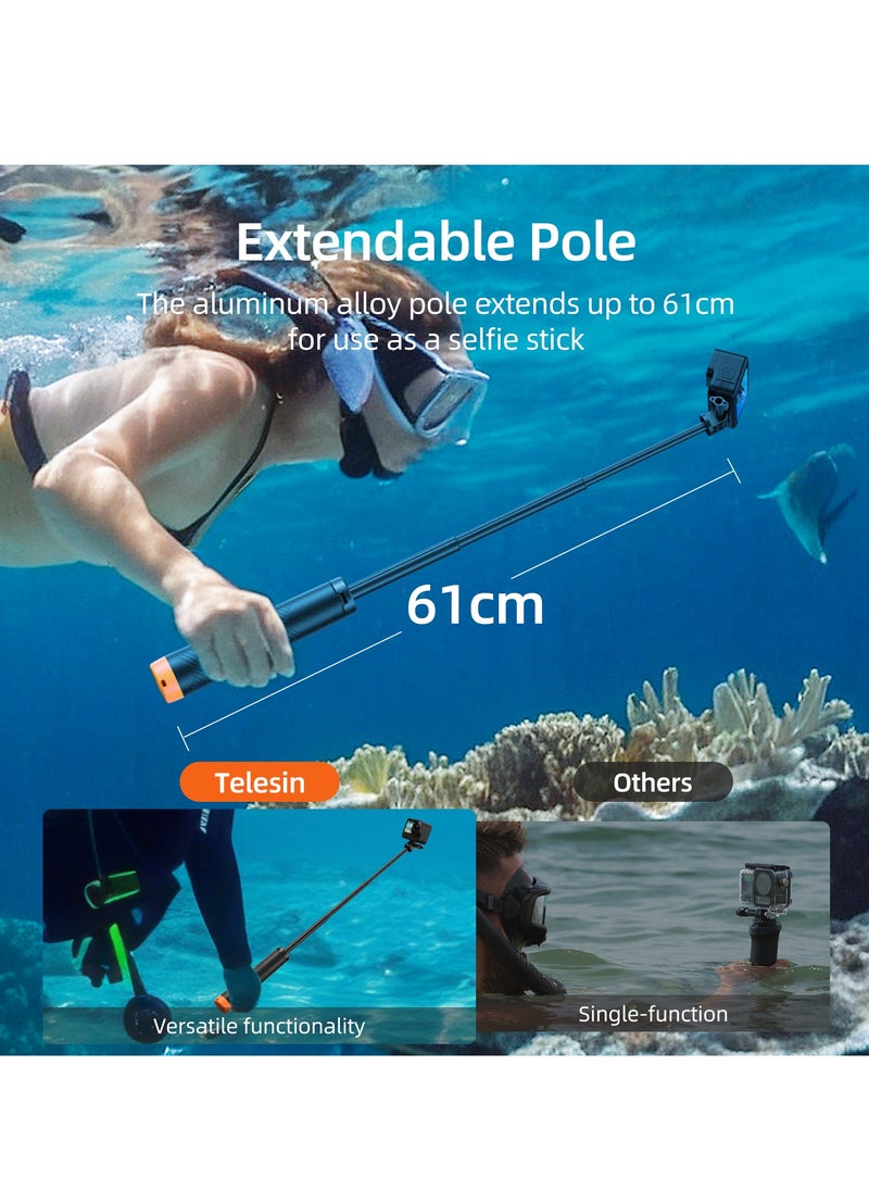 Floating tripod selfie stick, waterproof telescopic selfie stick, tripod, handle, 30m waterproof, can be connected to devices weighing up to 200g, compatible with most sports cameras