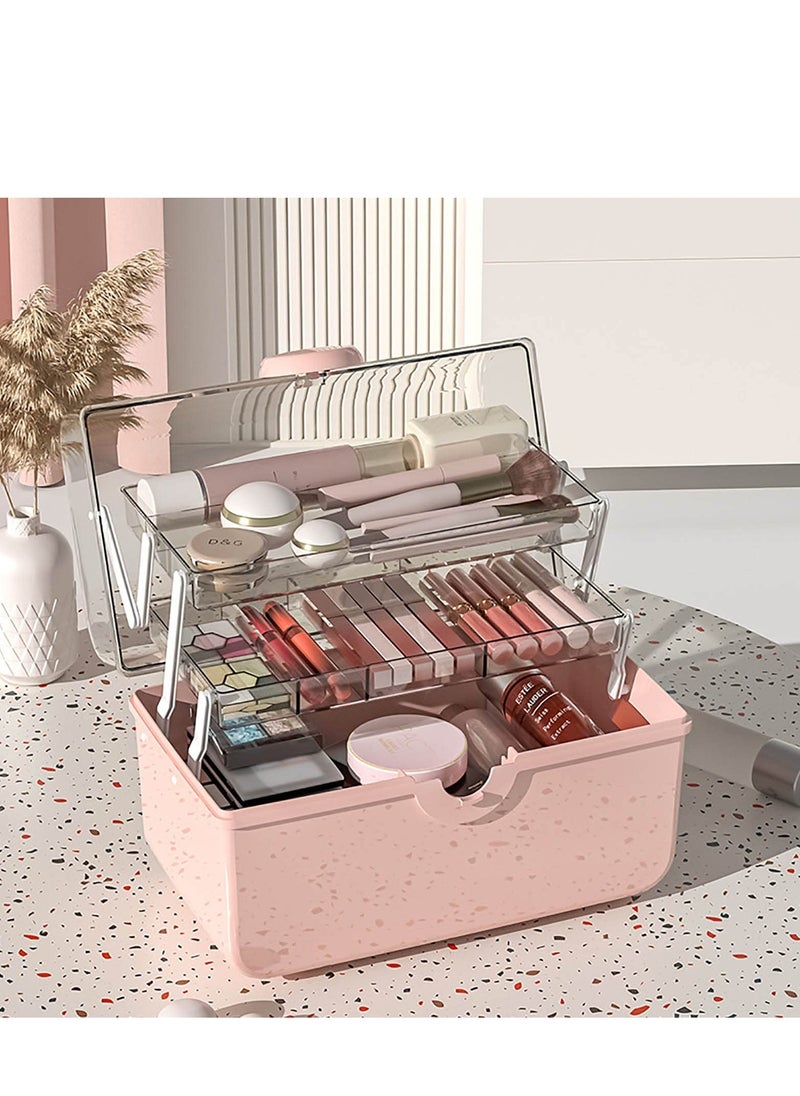 Makeup Storage Organizer, Large Capacity Makeup Organizer with Transparent Visual Cover, Handle 3 Layers Portable Cosmetic Storage Box Easily Organize Your Cosmetics(Pink)