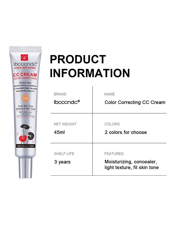 Skin Tone Correcting CC Cream with Centella Asiatica, Concealing and Moisturising CC Cream Color Correcting, Repairing Redness and Acne Marks, Water and Sweat Resistant, SPF 25 (01#DARK)