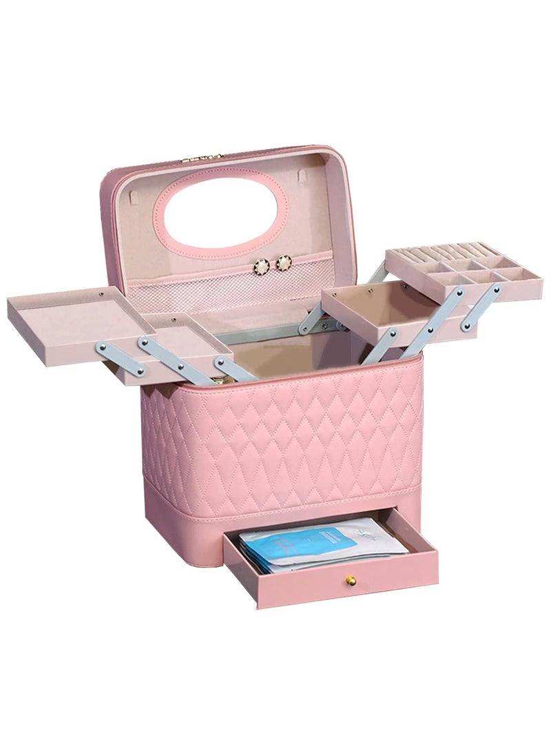 Portable Makeup Box with Multi Pocket and Mirror Pink