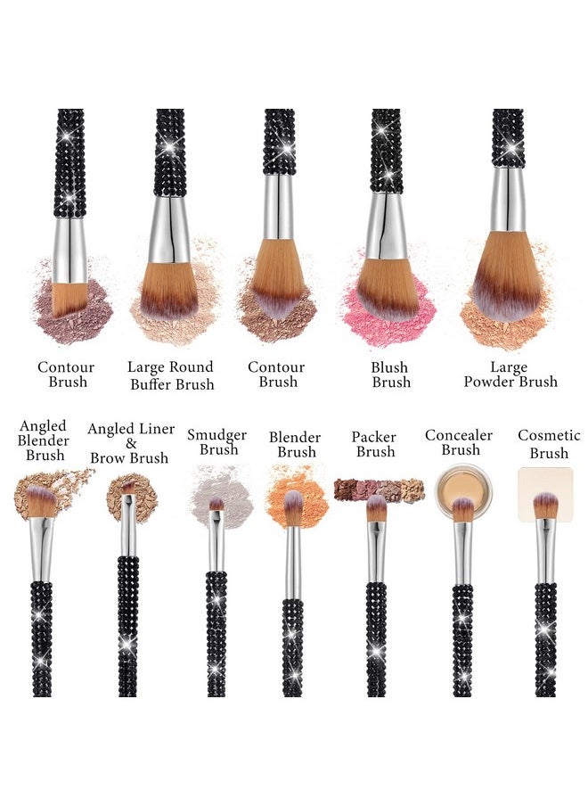 13 Pcs Rhinestone Makeup Brushes Set Bling Crystal Professional Face Cosmetics Blending Liquid Foundation Powder Concealer Eye Shadows Make Up Beauty Tool Glitter With Holder (Black)