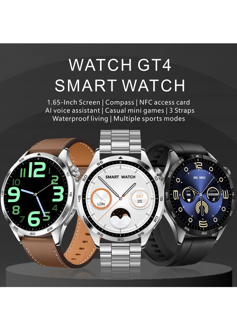 WATCH GT4 Smart Watch Black Edition - 1.65-Inch Full Touch Screen, NFC Access Card, AI Voice Assistant, Waterproof, Multiple Sports Modes, Heart Rate & Sleep Monitoring, Compass, Wireless Charging, Bluetooth Calls, Intelligent Notifications, Mini Games, Customizable Dials, Steel & Silicone Straps.