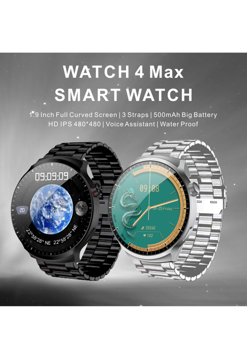 Watch 4 Max Smartwatch - AMOLED 1.9'' Full Curved HD Screen, 500mAh Battery, Black Edition & Formal Edition, 3 Straps, Voice Assistant, NFC, Bluetooth Calling, Health Monitoring, Sleep Tracking, Waterproof, GPS Navigation, Wireless Charging