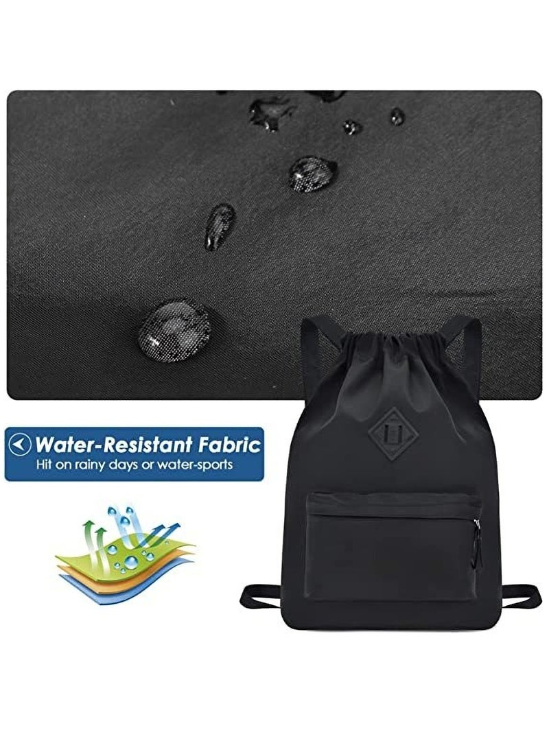 Nylon Drawstring Backpack for Sports and Gym, Large Water-Resistant Sackpack with Zipper and Front/Rear Pockets, Ideal for School, Swimming, Travel for Kids, Boys, Girls, Women, and Men.