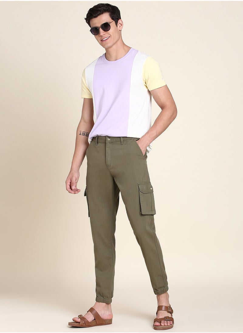 Light Olive Slim Fit Solid Trouser for Men - Cotton Blend, Full Length, Button & Zip, Mid Rise, Casual, Machine Wash