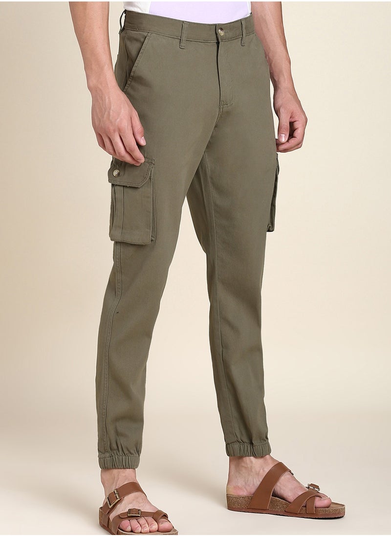 Light Olive Slim Fit Solid Trouser for Men - Cotton Blend, Full Length, Button & Zip, Mid Rise, Casual, Machine Wash