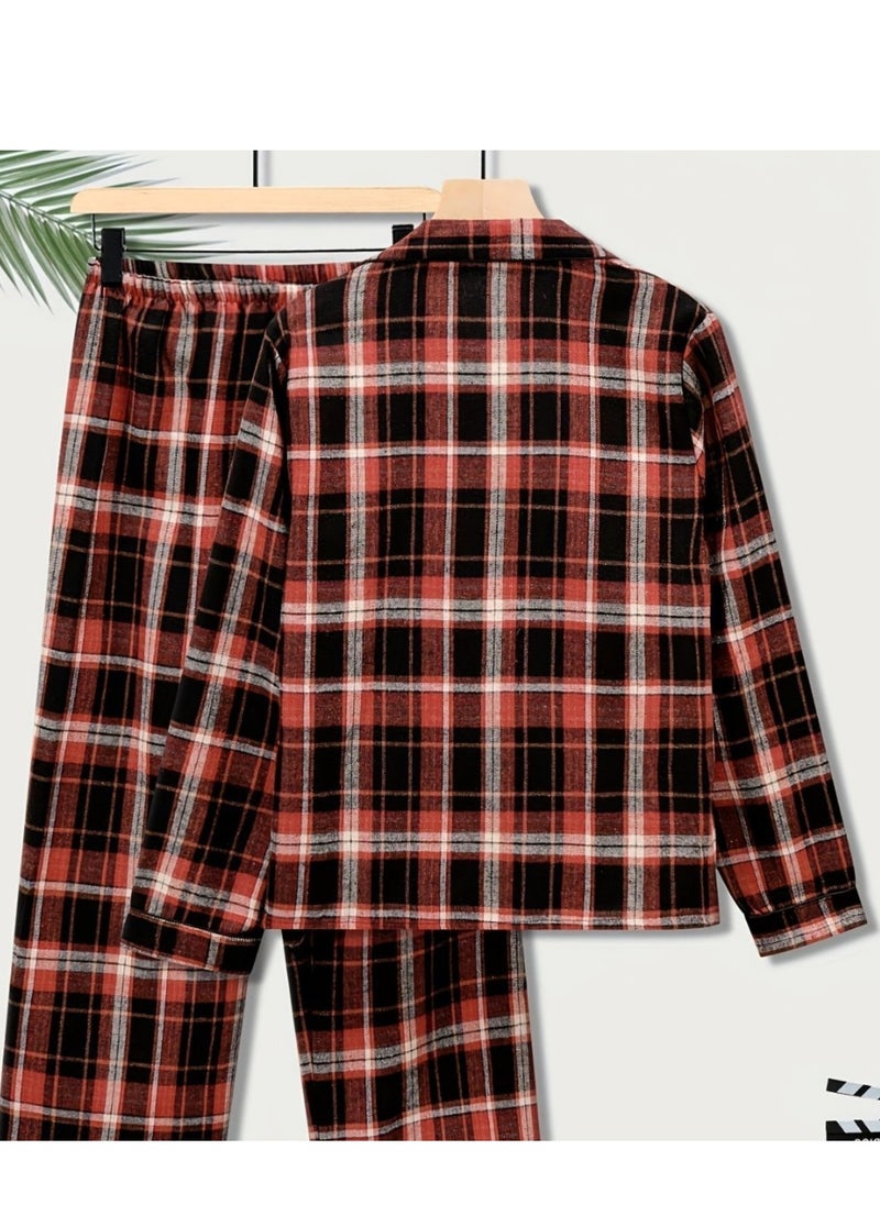 Large Men's Long Sleeved Checkered Pajamas Set