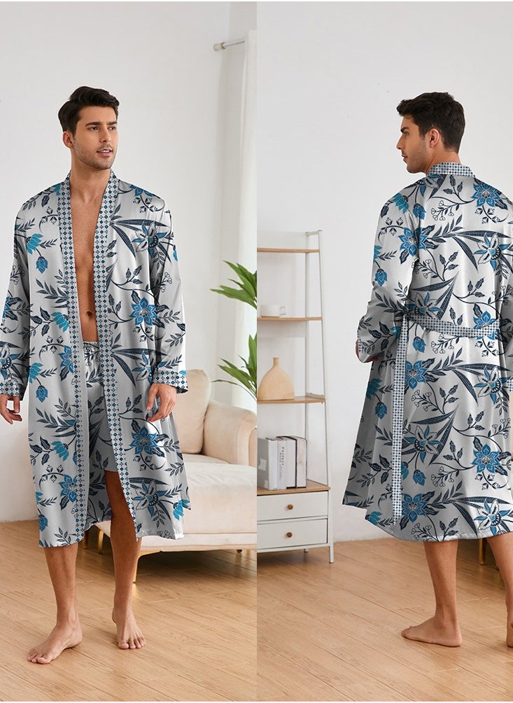 Printed Men's Nightgown Long Sleeved Shorts Set Long Robe Bathrobe Home Suit Set