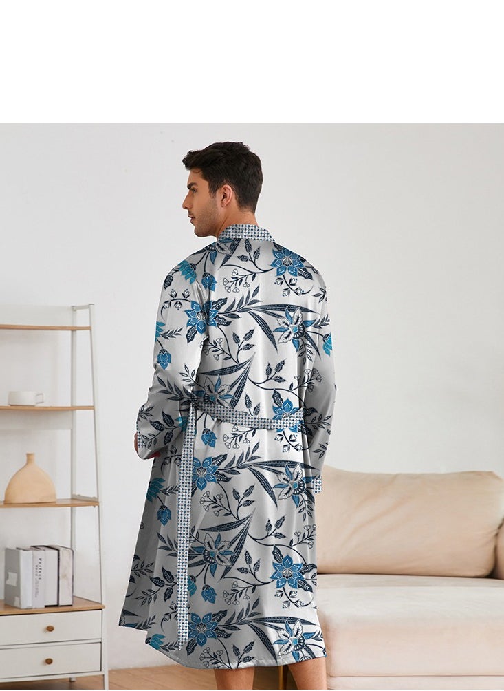 Printed Men's Nightgown Long Sleeved Shorts Set Long Robe Bathrobe Home Suit Set