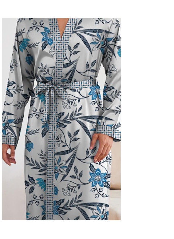 Printed Men's Nightgown Long Sleeved Shorts Set Long Robe Bathrobe Home Suit Set