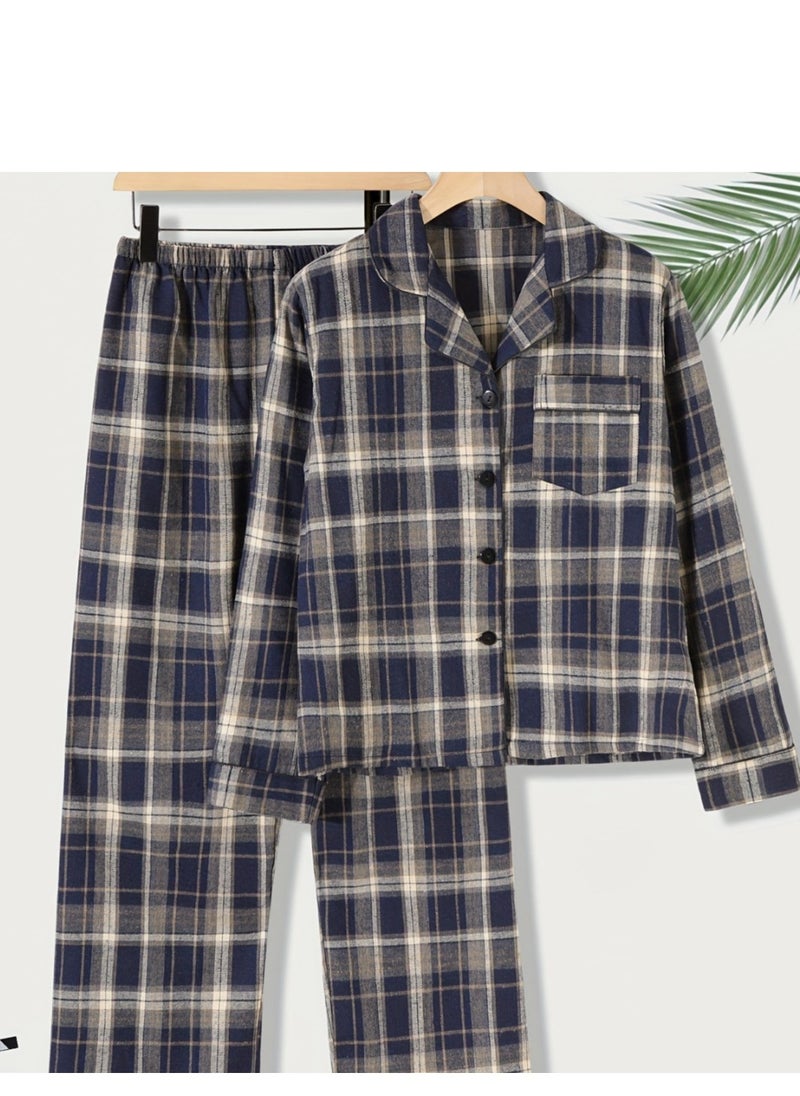 Large Men's Long Sleeved Checkered Pajamas Set