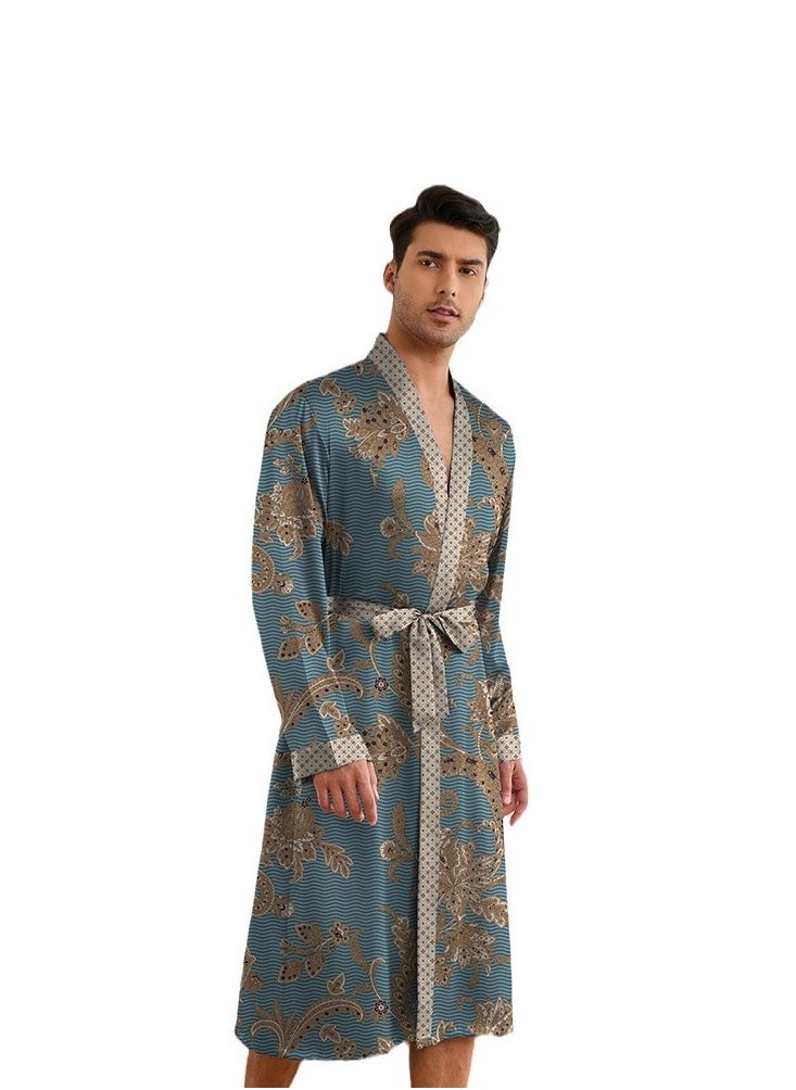 Printed Men's Nightgown Long Sleeved Shorts Set Long Robe Bathrobe Home Suit Set