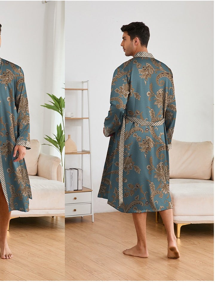 Printed Men's Nightgown Long Sleeved Shorts Set Long Robe Bathrobe Home Suit Set