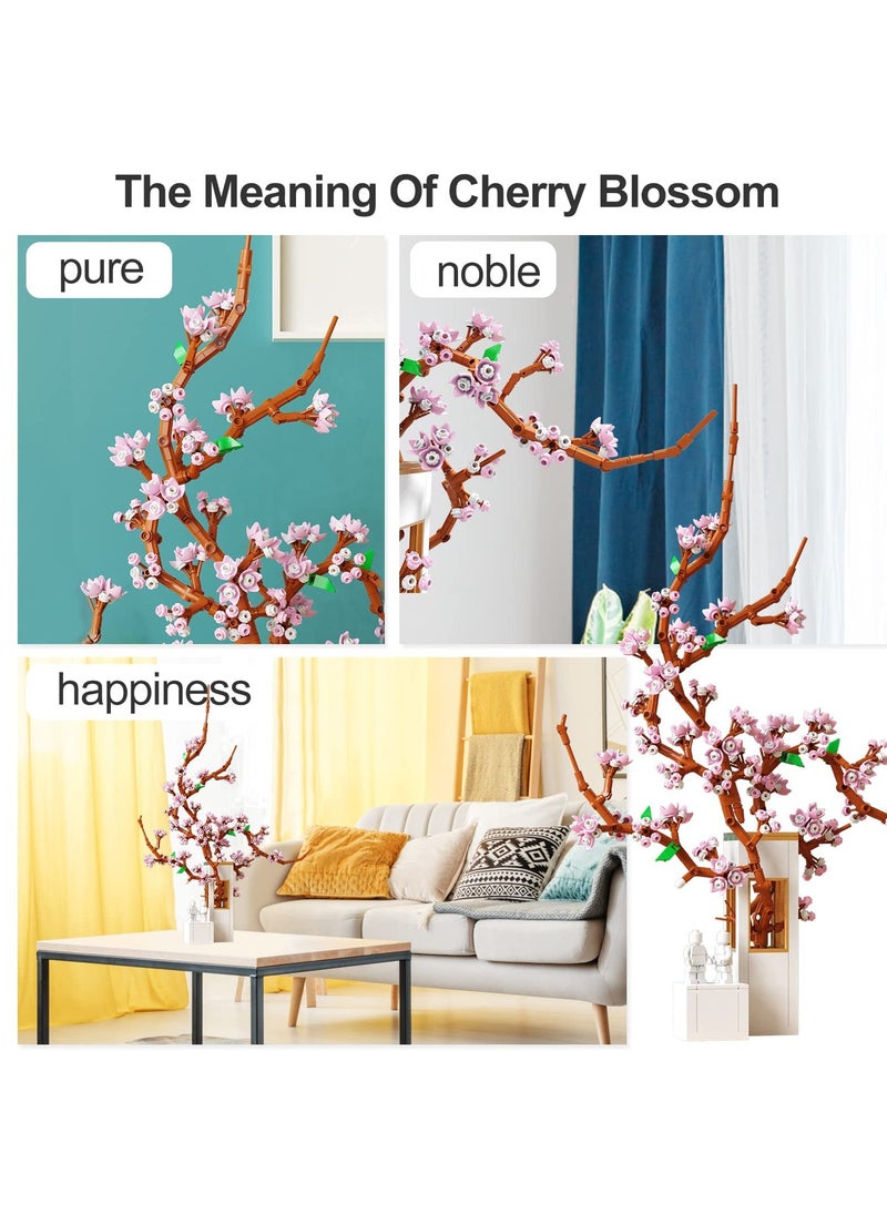 Building Blocks Kits for Adults Cherry Blossom Plant Home Decor Flower Bouquet Building Sets Compatible with Lego 750 Pcs Beautiful Artificial Flower Gift for Friends Women Girls