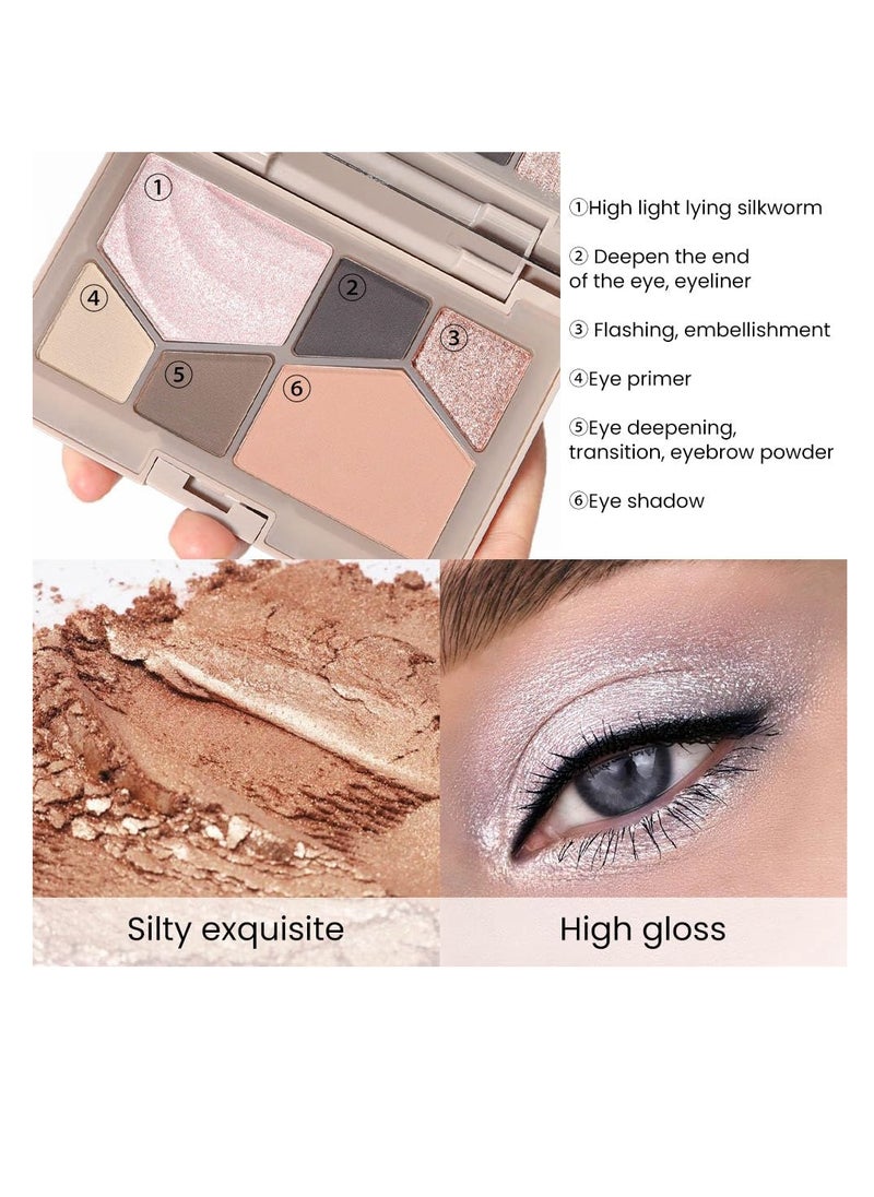 Eyeshadow Palette, Glitter Eye shadow Makeup 6 Colors, Pink Nude Eyeshadow, Shiny Sparkle Shimmer Glitter blue Eyeshadow, Waterproof Palette, Six-Shade Highlight and Contour Palette Make Up