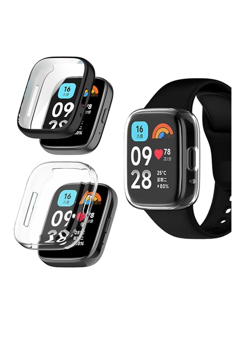 Screen Protector, Compatible for Xiaomi Redmi Watch 3, Watch 3 Active, Full Coverage Plated Watch Protective Cover Case with Tempered Glass Bumper Shell Cover, 2 Pcs, Black+Transparent