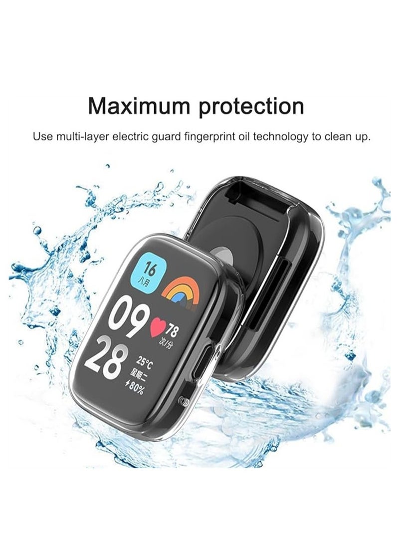 Screen Protector, Compatible for Xiaomi Redmi Watch 3, Watch 3 Active, Full Coverage Plated Watch Protective Cover Case with Tempered Glass Bumper Shell Cover, 2 Pcs, Black+Transparent