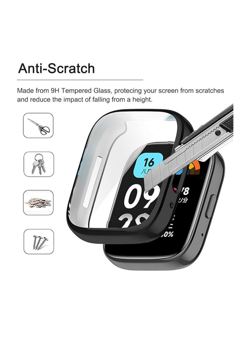 Screen Protector, Compatible for Xiaomi Redmi Watch 3, Watch 3 Active, Full Coverage Plated Watch Protective Cover Case with Tempered Glass Bumper Shell Cover, 2 Pcs, Black+Transparent