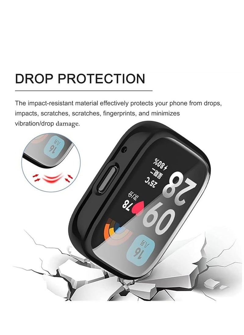 Screen Protector, Compatible for Xiaomi Redmi Watch 3, Watch 3 Active, Full Coverage Plated Watch Protective Cover Case with Tempered Glass Bumper Shell Cover, 2 Pcs, Black+Transparent