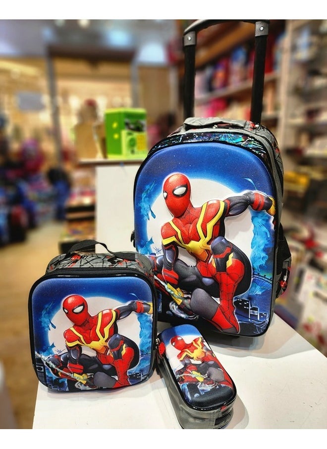 3-Piece Character Printed School Trolley Bag Set for Boys – Backpack, Lunch Bag, and Pencil Case